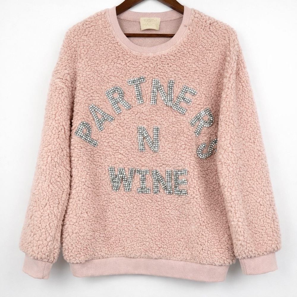Judith March Pink Sherpa  S Sweatshirt Partners N Wine Rhinestone Lettering